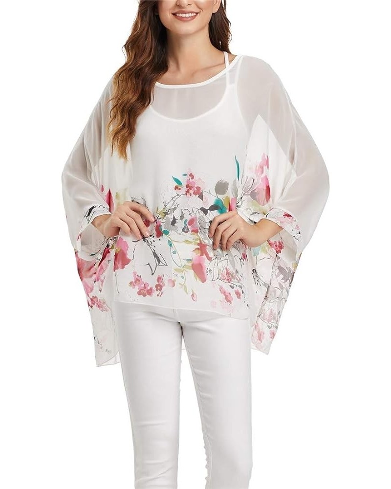 Womens Floral Print Batwing Sleeve Boho Blouse Chiffon Poncho Summer Tunic Tops B-356 $10.19 Tops