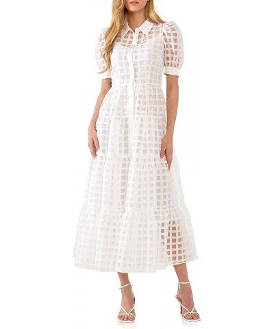 Women's Collared Organza Gridded Maxi Dress White $51.25 Dresses