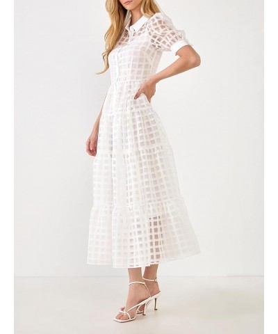 Women's Collared Organza Gridded Maxi Dress White $51.25 Dresses