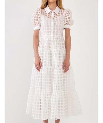 Women's Collared Organza Gridded Maxi Dress White $51.25 Dresses