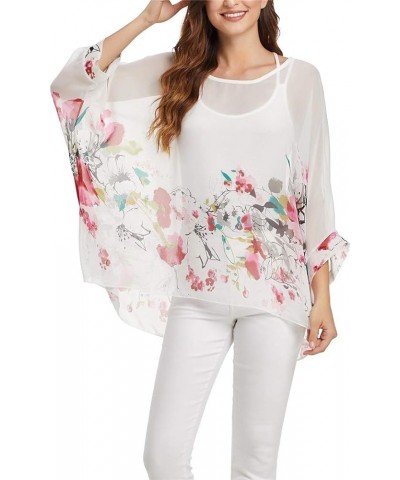 Womens Floral Print Batwing Sleeve Boho Blouse Chiffon Poncho Summer Tunic Tops B-356 $10.19 Tops