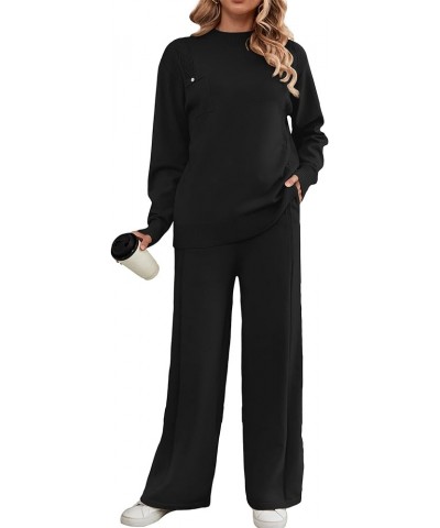 Women Sweater Sets Long Sleeve 2 Piece Outfits Mock Neck Cable Knit Pullover Tops Wide Leg Lounge Set with Pockets Black $22....