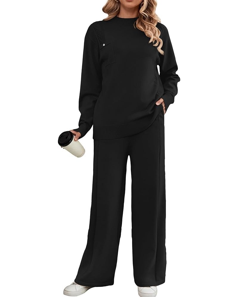 Women Sweater Sets Long Sleeve 2 Piece Outfits Mock Neck Cable Knit Pullover Tops Wide Leg Lounge Set with Pockets Black $22....