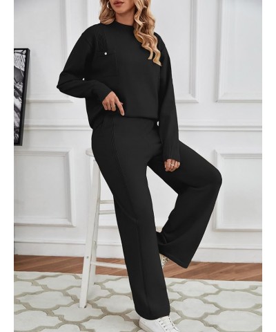 Women Sweater Sets Long Sleeve 2 Piece Outfits Mock Neck Cable Knit Pullover Tops Wide Leg Lounge Set with Pockets Black $22....