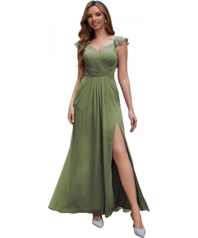 Women's Ruffle Sleeves Bridesmaid Dresses Long with Slit V Neck Chiffon Pleated Formal Wedding Evening Prom Gown Olive $24.16...