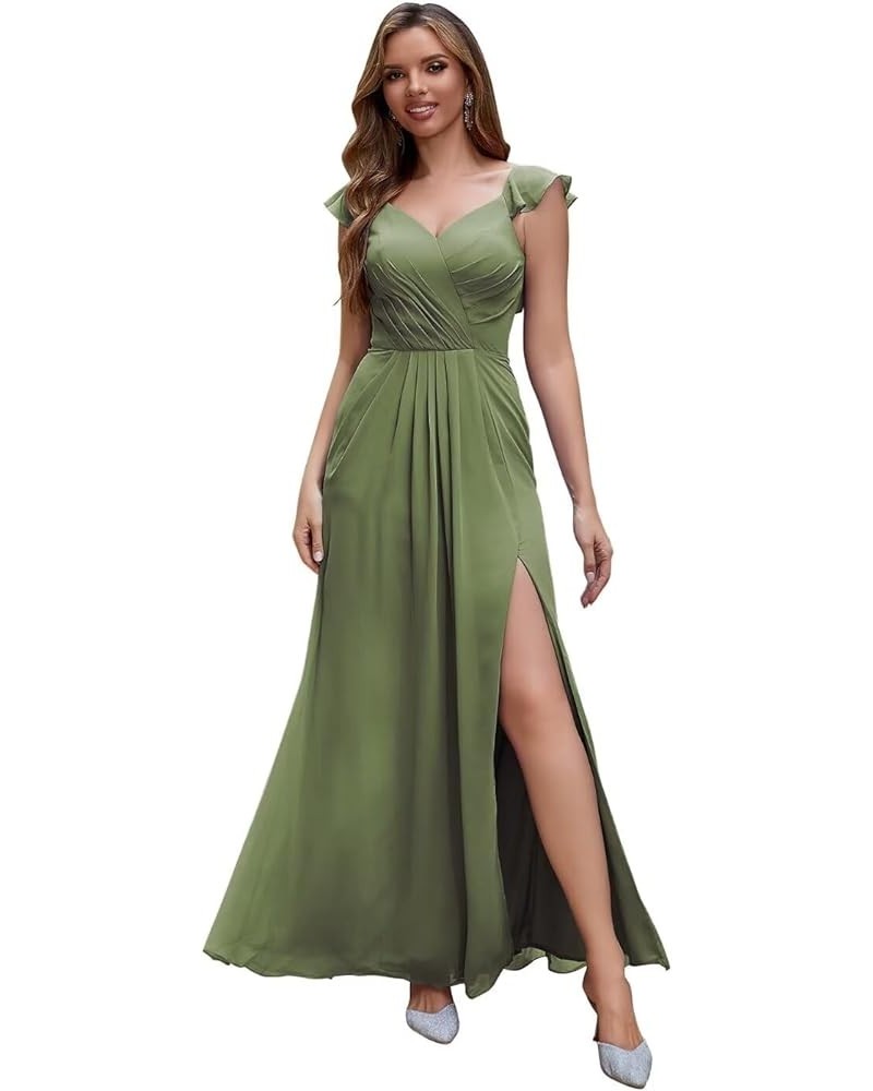 Women's Ruffle Sleeves Bridesmaid Dresses Long with Slit V Neck Chiffon Pleated Formal Wedding Evening Prom Gown Olive $24.16...