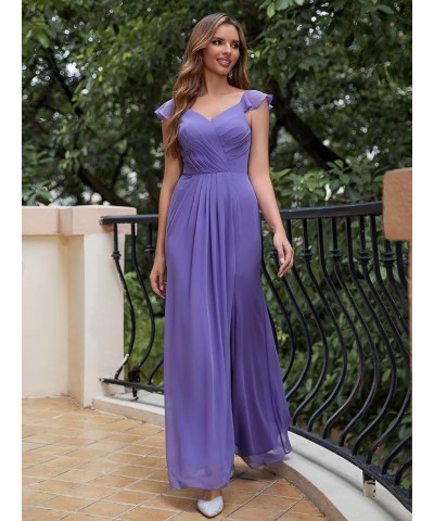 Women's Ruffle Sleeves Bridesmaid Dresses Long with Slit V Neck Chiffon Pleated Formal Wedding Evening Prom Gown Olive $24.16...