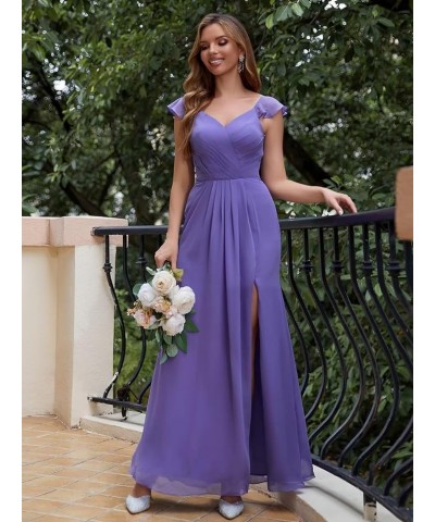 Women's Ruffle Sleeves Bridesmaid Dresses Long with Slit V Neck Chiffon Pleated Formal Wedding Evening Prom Gown Olive $24.16...