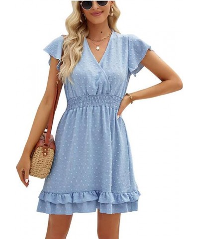 Womens Summer Mini Dress Chiffon Cutout Ruffle V-Neck Puff Sleeve Dresses Swiss Dot Boho Sundresses Smocked Blue $17.84 Dresses