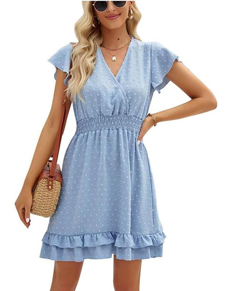 Womens Summer Mini Dress Chiffon Cutout Ruffle V-Neck Puff Sleeve Dresses Swiss Dot Boho Sundresses Smocked Blue $17.84 Dresses