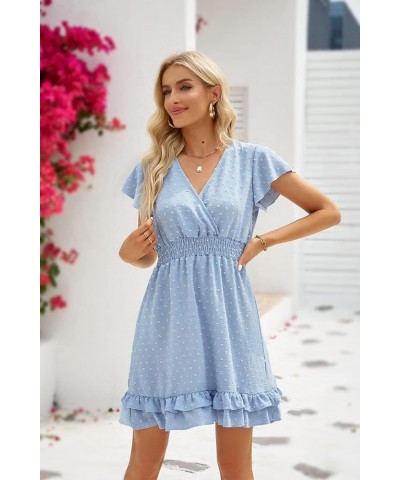 Womens Summer Mini Dress Chiffon Cutout Ruffle V-Neck Puff Sleeve Dresses Swiss Dot Boho Sundresses Smocked Blue $17.84 Dresses