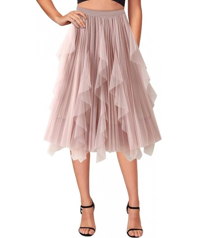 Women's A-Line Fairy Elastic Waist Tulle Midi Skirt Sheer Tutu Skirt Pleated Tiered Skirt Layered Flowing Crinkled Skirt Pink...