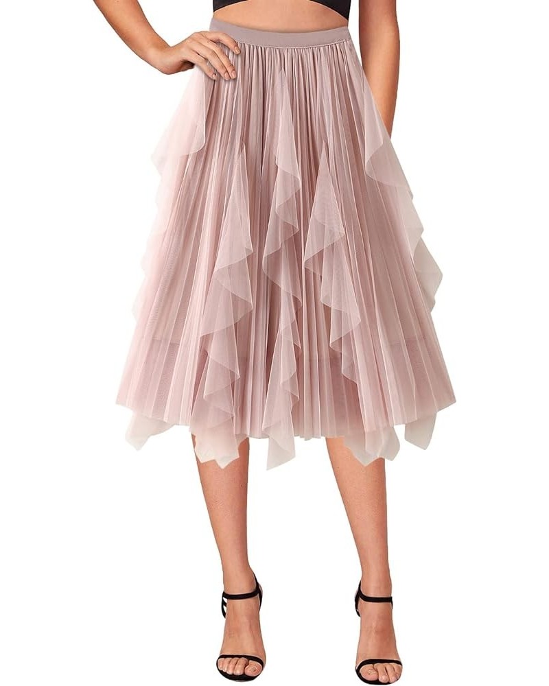 Women's A-Line Fairy Elastic Waist Tulle Midi Skirt Sheer Tutu Skirt Pleated Tiered Skirt Layered Flowing Crinkled Skirt Pink...