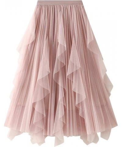 Women's A-Line Fairy Elastic Waist Tulle Midi Skirt Sheer Tutu Skirt Pleated Tiered Skirt Layered Flowing Crinkled Skirt Pink...