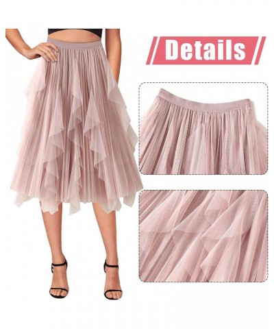 Women's A-Line Fairy Elastic Waist Tulle Midi Skirt Sheer Tutu Skirt Pleated Tiered Skirt Layered Flowing Crinkled Skirt Pink...