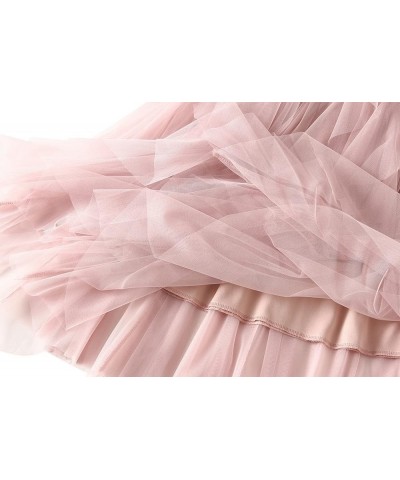 Women's A-Line Fairy Elastic Waist Tulle Midi Skirt Sheer Tutu Skirt Pleated Tiered Skirt Layered Flowing Crinkled Skirt Pink...