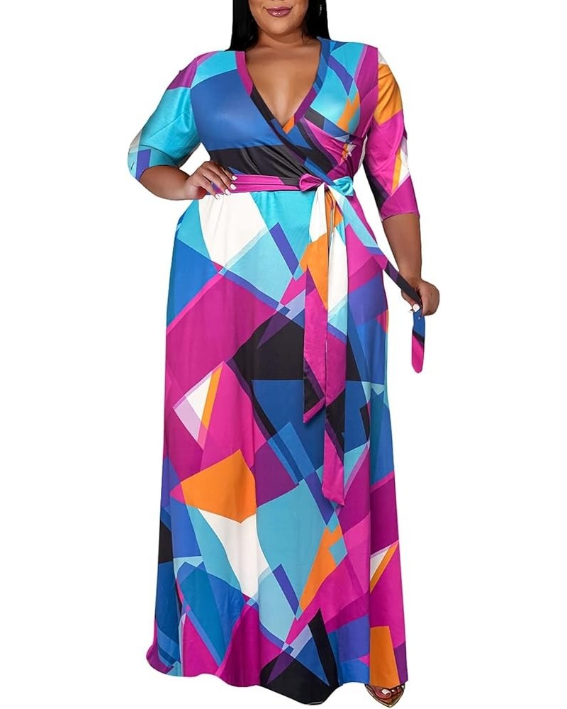 Plus Size Maxi Dress for Women - 3/4 Sleeve V Neck Printing Dresses for Women with Belt 2XL-6XL Multicoloured $15.40 Dresses