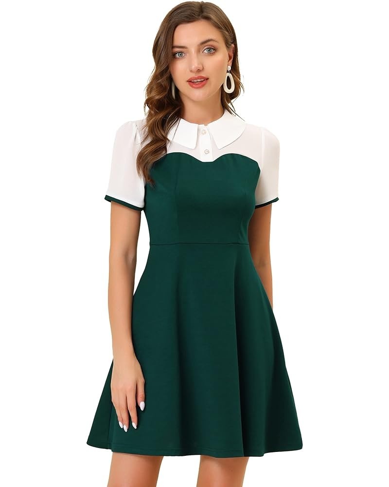 Contrast Doll Collar Dress for Women's Short Sleeve Contrast Vintage Dresses Green $21.76 Dresses