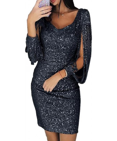 Women Sexy Glitter Sequin Stitching Tassel Long Sleeve Club Slim Fit Evening Party Club Mini Dress Black $10.25 Dresses