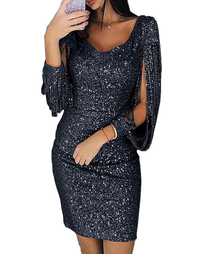 Women Sexy Glitter Sequin Stitching Tassel Long Sleeve Club Slim Fit Evening Party Club Mini Dress Black $10.25 Dresses