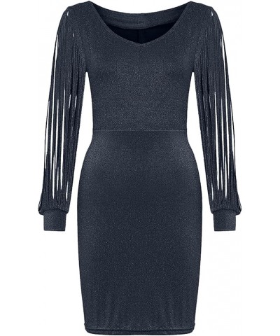 Women Sexy Glitter Sequin Stitching Tassel Long Sleeve Club Slim Fit Evening Party Club Mini Dress Black $10.25 Dresses