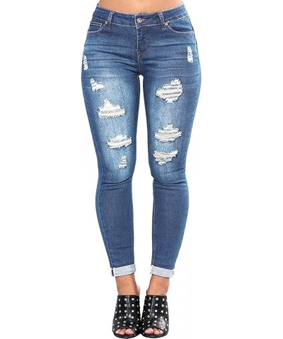 Women's Skinny Stretch Jeans Frayed Raw Hem Slim Fit Jeans Ripped Denim Pants Blue-f $17.94 Jeans