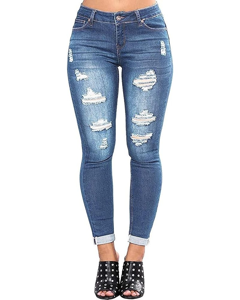 Women's Skinny Stretch Jeans Frayed Raw Hem Slim Fit Jeans Ripped Denim Pants Blue-f $17.94 Jeans