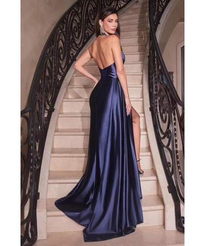 Women's Halter Mermaid Prom Dresses with Slit Long Satin Pleated Formal Dress YMS315 Dusty Blue $31.19 Dresses