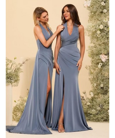 Women's Halter Mermaid Prom Dresses with Slit Long Satin Pleated Formal Dress YMS315 Dusty Blue $31.19 Dresses