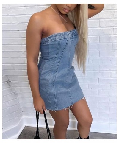 Women's Sexy Denim Dress One Piece Strapless Sleeveless Bodycon Jeans Tube Midi Dress Club Outfits with Pockets A-blue $17.09...