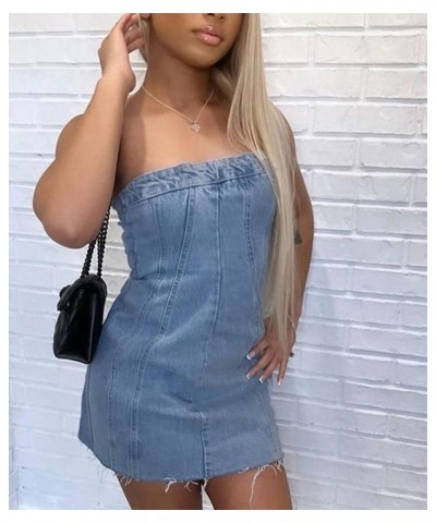 Women's Sexy Denim Dress One Piece Strapless Sleeveless Bodycon Jeans Tube Midi Dress Club Outfits with Pockets A-blue $17.09...