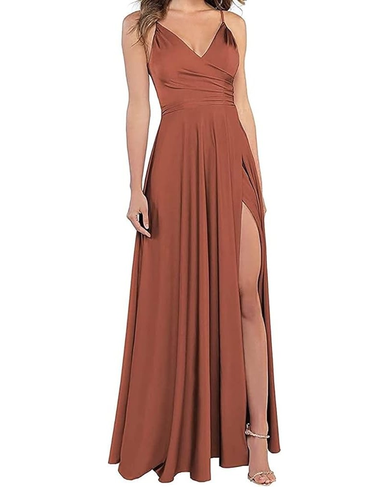 Long Bridesmaid Dresses for Women Formal Satin Spghetti Strap Prom Evening Gowns with Pockets KM054 Rust $34.21 Dresses