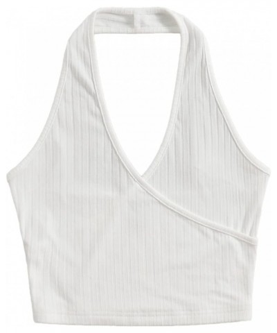 Women's Basic Sleeveless Open Back Slim Fitted Ribbed Crop Halter Top White Solid $10.81 Tanks