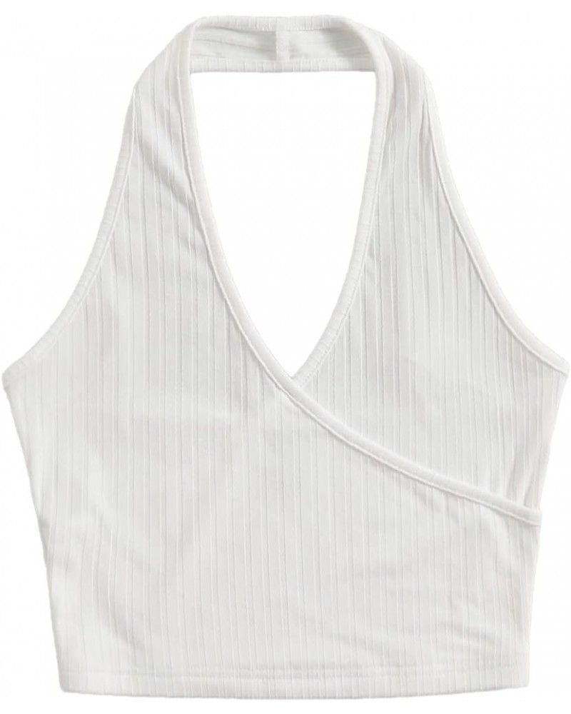 Women's Basic Sleeveless Open Back Slim Fitted Ribbed Crop Halter Top White Solid $10.81 Tanks