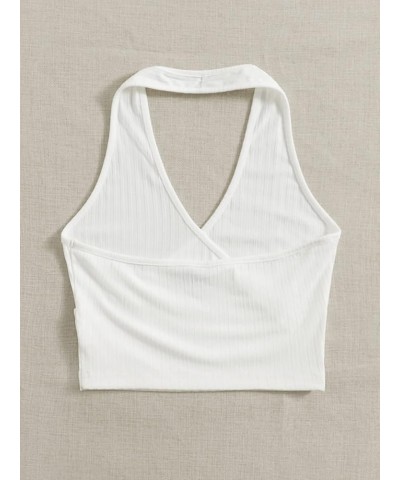 Women's Basic Sleeveless Open Back Slim Fitted Ribbed Crop Halter Top White Solid $10.81 Tanks