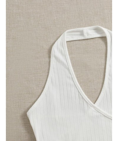 Women's Basic Sleeveless Open Back Slim Fitted Ribbed Crop Halter Top White Solid $10.81 Tanks