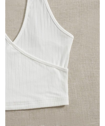 Women's Basic Sleeveless Open Back Slim Fitted Ribbed Crop Halter Top White Solid $10.81 Tanks