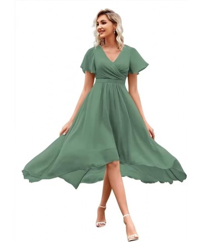 Women's High Low Bridesmaid Dresses V Neck Chiffon Short Sleeves Formal Party Gown Dusty Green $23.97 Dresses