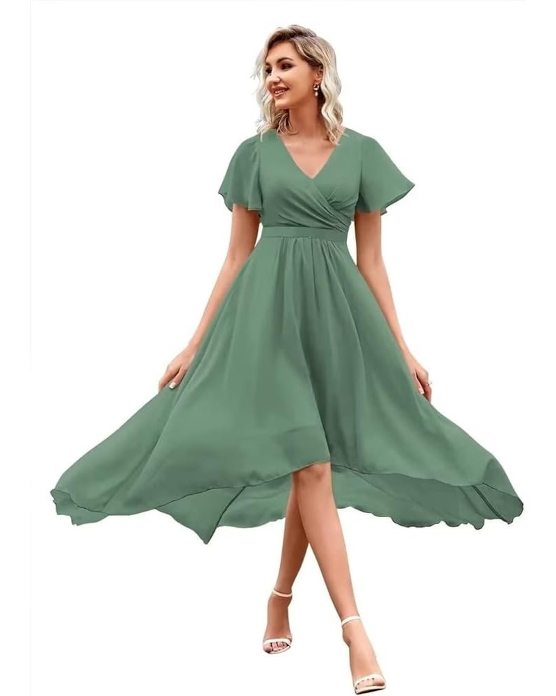 Women's High Low Bridesmaid Dresses V Neck Chiffon Short Sleeves Formal Party Gown Dusty Green $23.97 Dresses