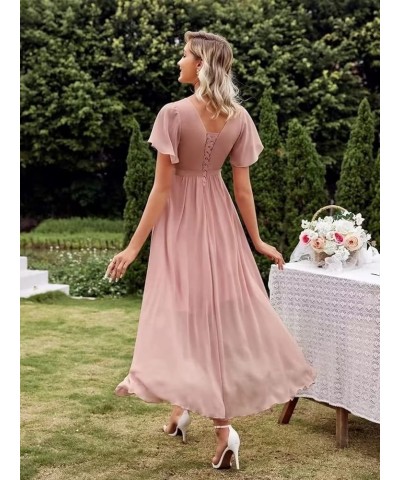 Women's High Low Bridesmaid Dresses V Neck Chiffon Short Sleeves Formal Party Gown Dusty Green $23.97 Dresses