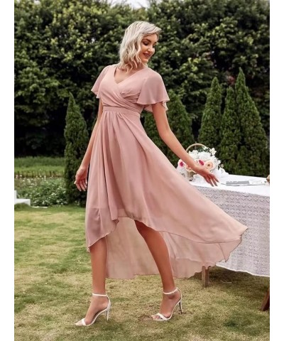 Women's High Low Bridesmaid Dresses V Neck Chiffon Short Sleeves Formal Party Gown Dusty Green $23.97 Dresses