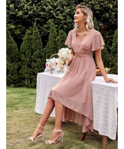 Women's High Low Bridesmaid Dresses V Neck Chiffon Short Sleeves Formal Party Gown Dusty Green $23.97 Dresses