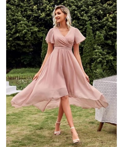 Women's High Low Bridesmaid Dresses V Neck Chiffon Short Sleeves Formal Party Gown Dusty Green $23.97 Dresses