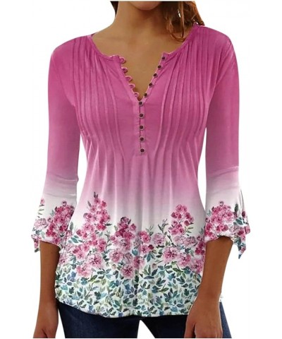 Hide Belly Trendy Tops for Women V Neck Button Pleated Flare Tunic Blouse Bell 3/4 Sleeve Solid Flowy Henley Shirts 2-pink $4...