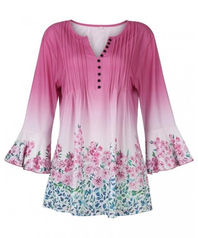 Hide Belly Trendy Tops for Women V Neck Button Pleated Flare Tunic Blouse Bell 3/4 Sleeve Solid Flowy Henley Shirts 2-pink $4...