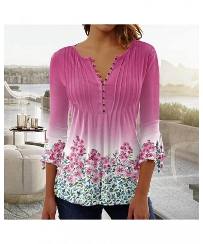 Hide Belly Trendy Tops for Women V Neck Button Pleated Flare Tunic Blouse Bell 3/4 Sleeve Solid Flowy Henley Shirts 2-pink $4...