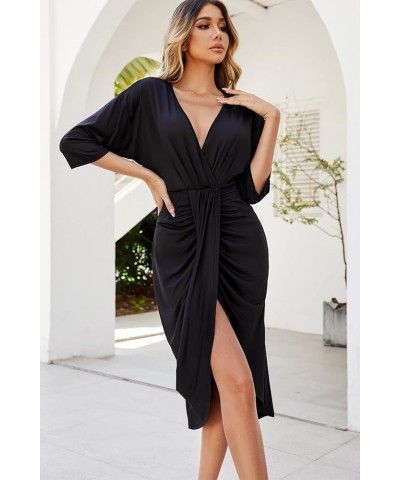 Twist Front Dress for Women Casual V Neck Midi Short Sleeve Bodycon Wedding Cocktail Dresses Black $14.49 Dresses