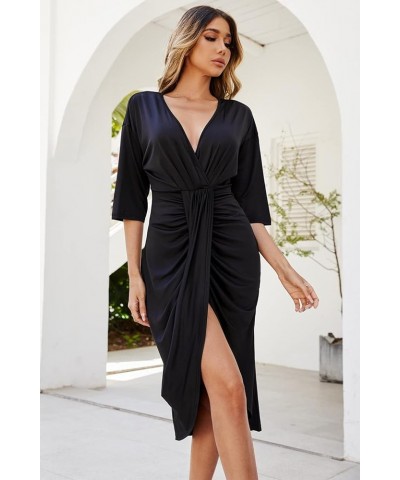 Twist Front Dress for Women Casual V Neck Midi Short Sleeve Bodycon Wedding Cocktail Dresses Black $14.49 Dresses