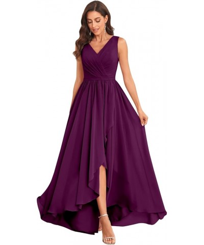 Women's V Neck Long Chiffon High Low Bridesmaid Dress with Pockets Corset Formal Evening Party Gown Plum $23.10 Dresses