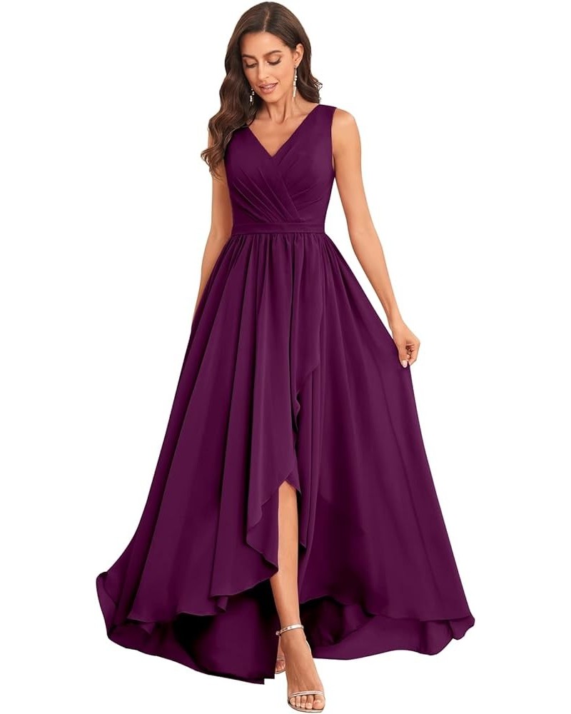 Women's V Neck Long Chiffon High Low Bridesmaid Dress with Pockets Corset Formal Evening Party Gown Plum $23.10 Dresses